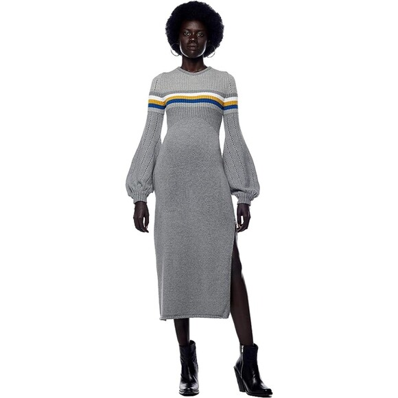 Bodycon Long Sleeve Knitted Sweater Midi Dress with Puff Sleeves Sz M - Picture 1 of 8